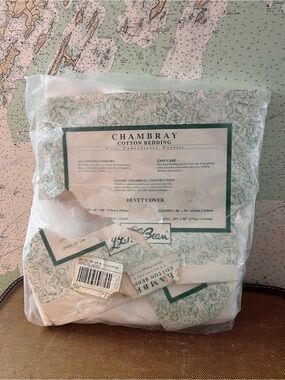 L.L. Bean Queen Size White Cotton Chambray Comforter Duvet Cover - NEW!